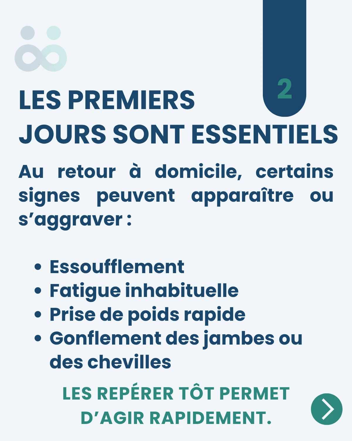 Au retour à domicile après une hospitalisation pour insuffisance cardiaque, certains signes d’alerte doivent être surveillés : essoufflement, fatigue inhabituelle, prise de poids rapide et gonflement des jambes ou des chevilles.